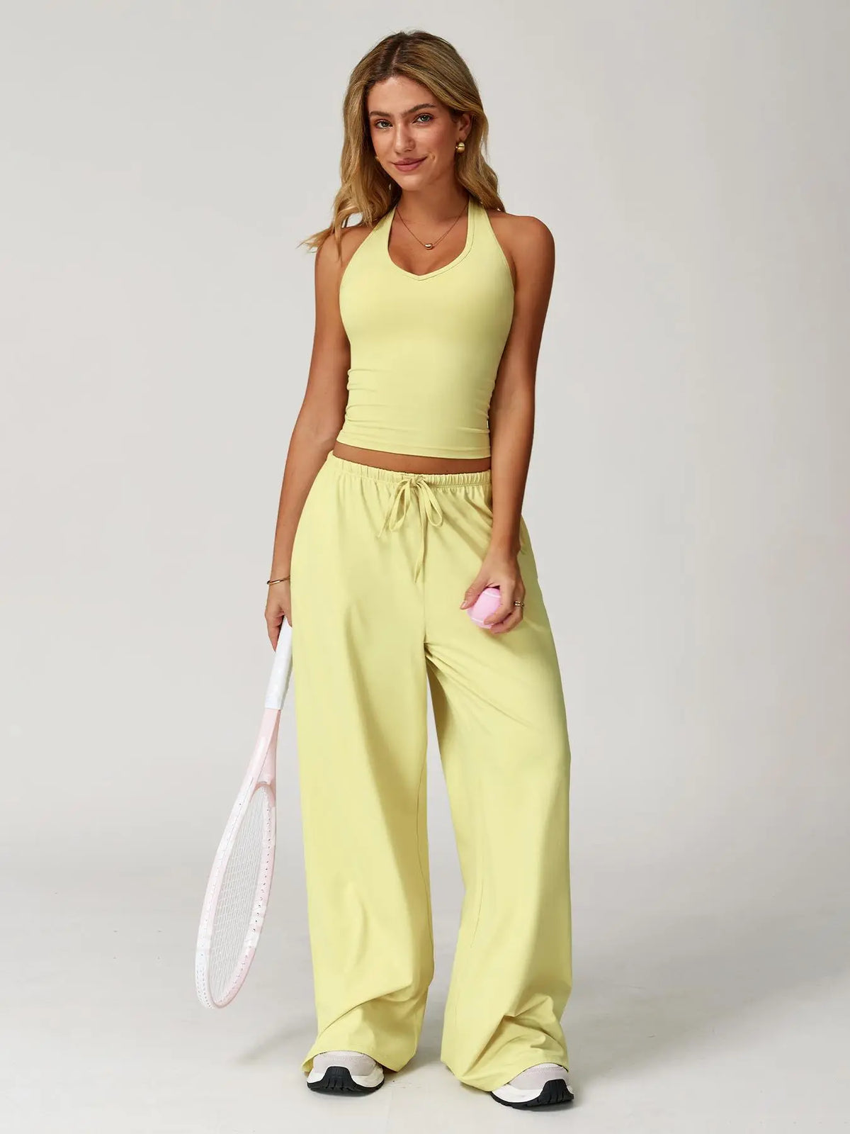 Women's Solid Halter Neck Top & Wide Leg Pants Sports Set