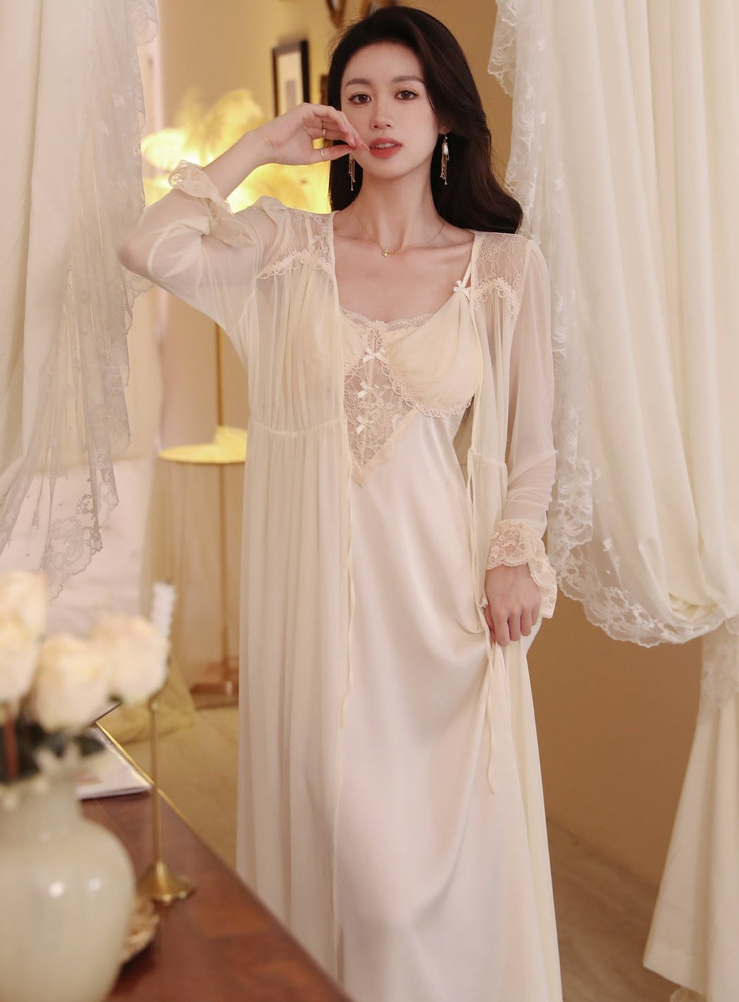 Lace Sleep Gown + Robe 2pcs Set