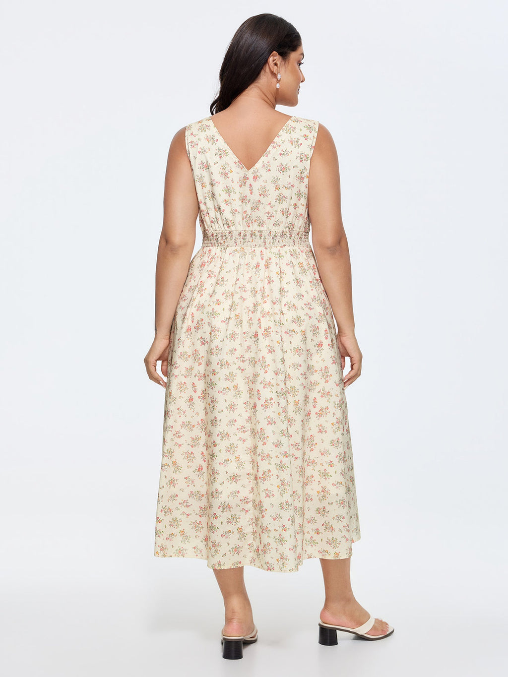 Sweet Floral Print Cinched-Waist Midi Dress