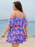 Floral Ruffle Trim Off Shoulder Pockets Swim Dress