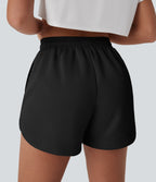 High Waisted Drawstring Contrast Mesh Curved Hem Yoga Shorts with Pockets