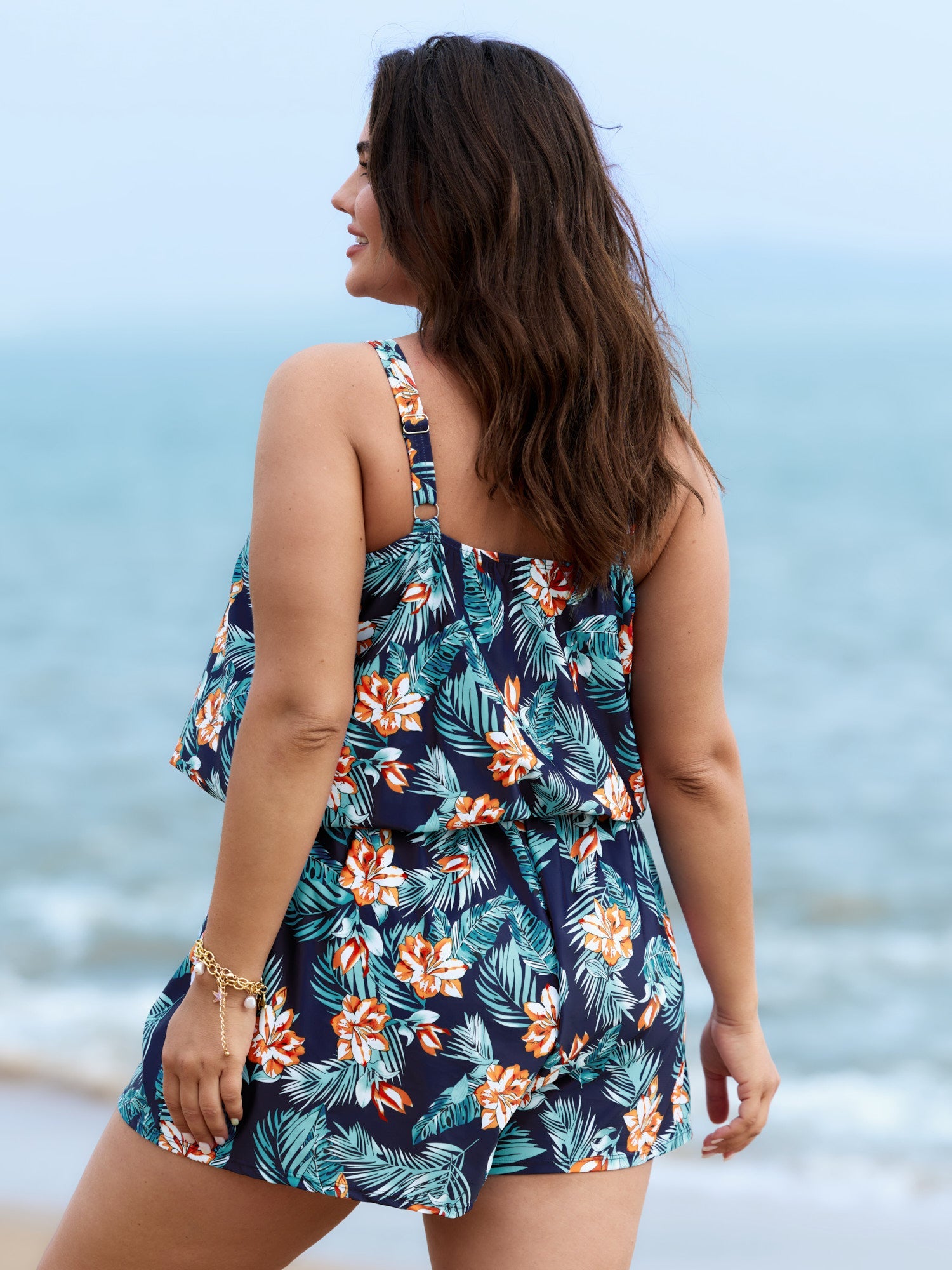 Tropical Flower Print Pockets One-Piece Swimsuit