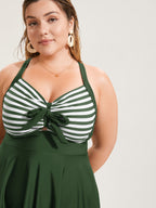 Stripes Patchwork Tie Knot Cross Straps Swim Dress