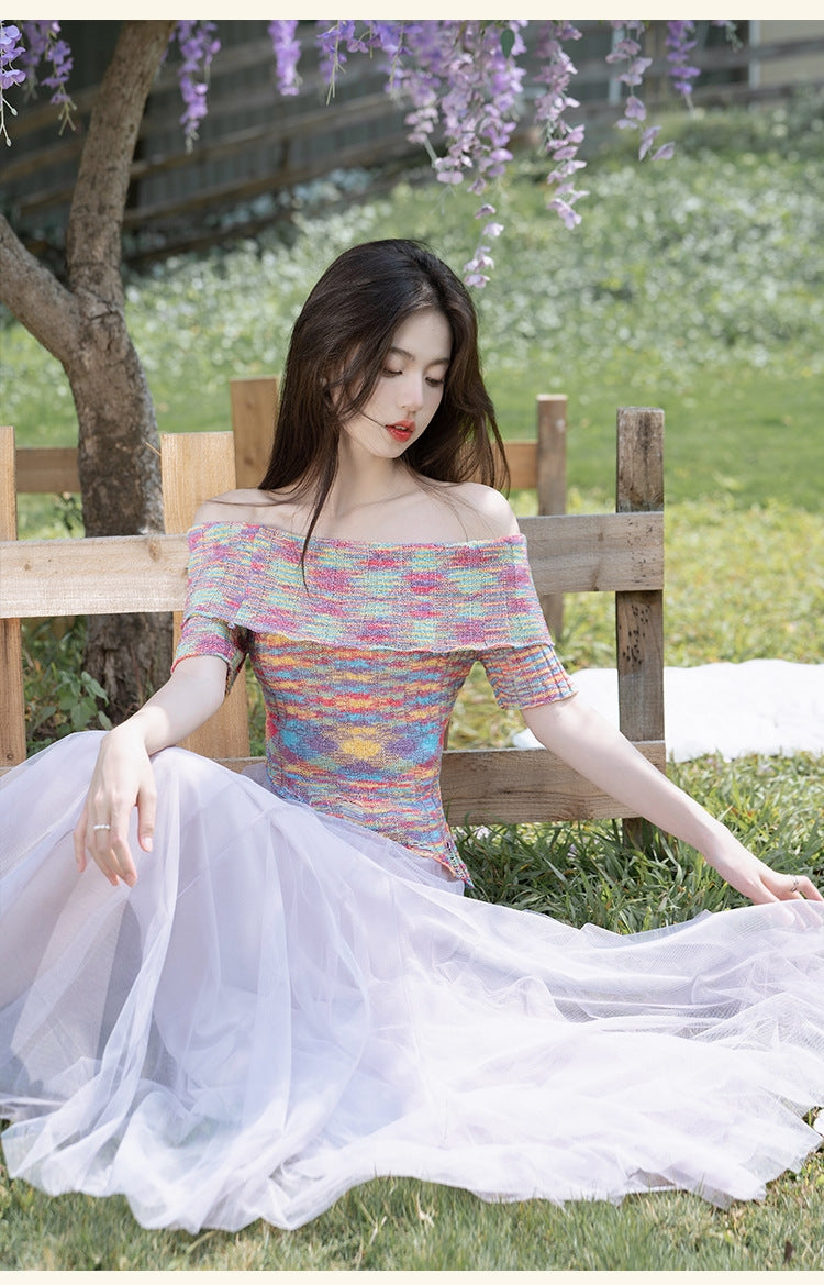 Dreamy Off Shoulder Knitted Top + Tulle Skirt 2pcs Set