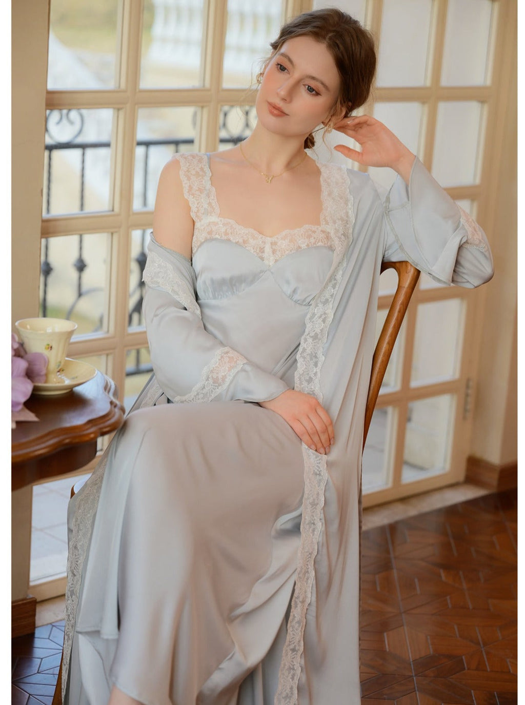 Lace Satin Built In Bra Nightgown 2pcs Set