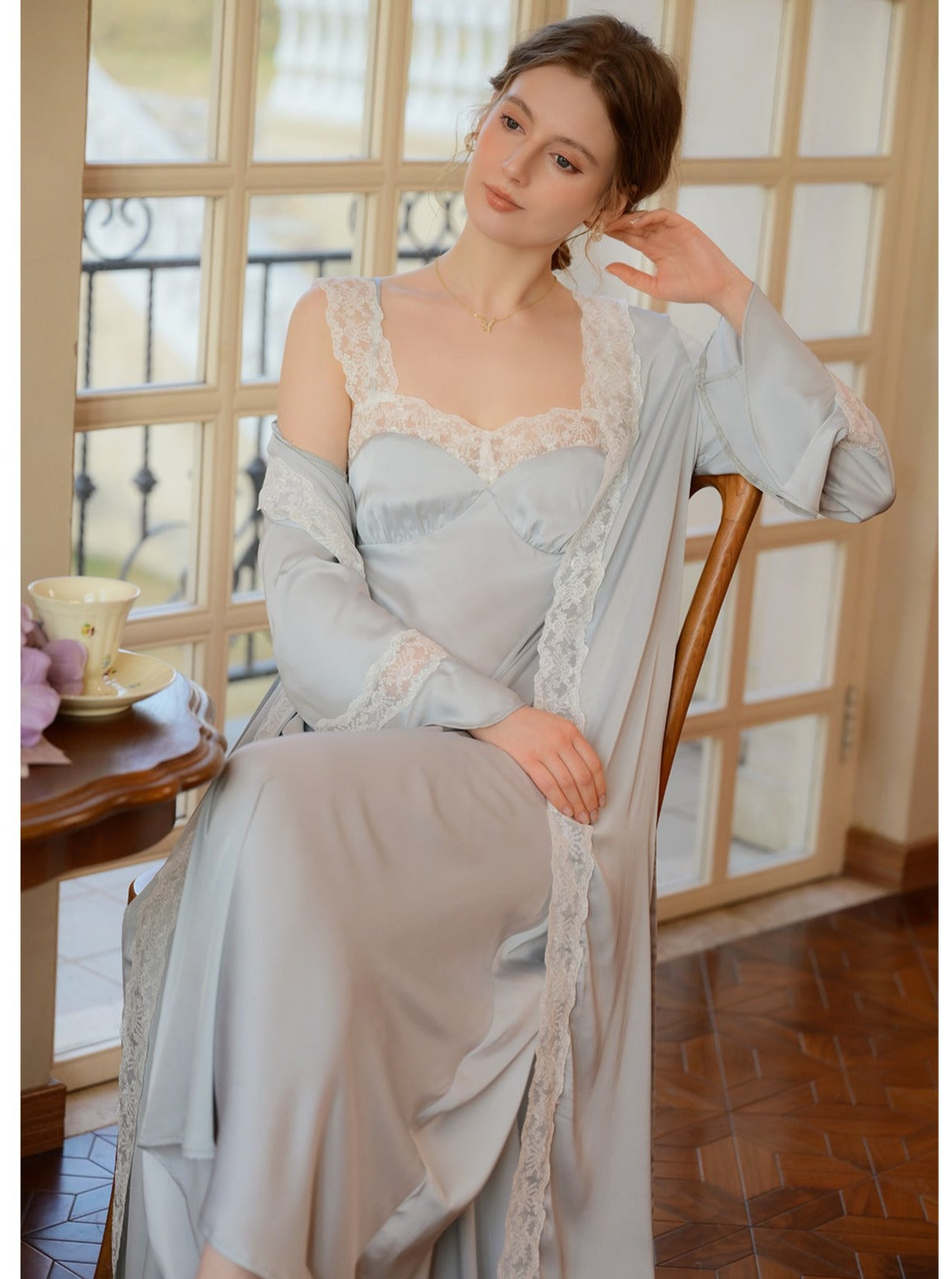 Lace Satin Built In Bra Nightgown 2pcs Set