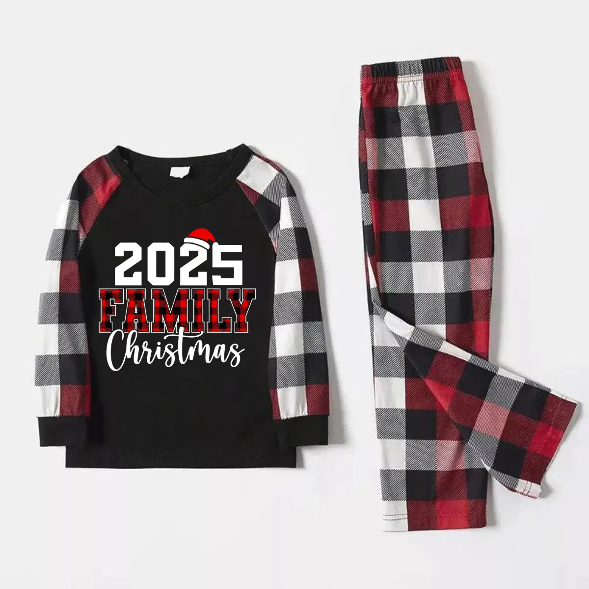"2025 FNMILY Christmas " White and Red Text Printed Pattern - Black Top with Red&Black&White Plaid Sleeves - Family Matching Pajamas