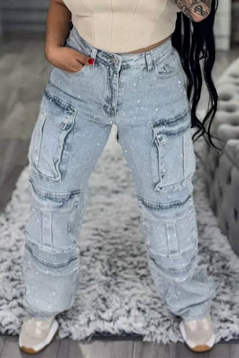Women's Multi-pocket Rhinestone Casual Jeans --(SIZE:UK8-22,EU36-50)
