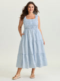 Check Pattern Shirred Bodice Midi Dress