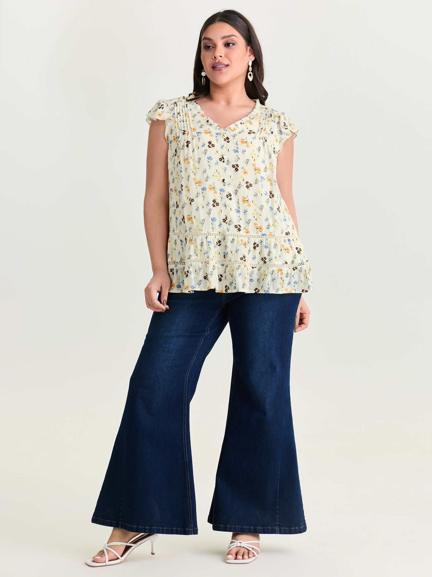Floral Print Ruffled Detail Lace Blouse