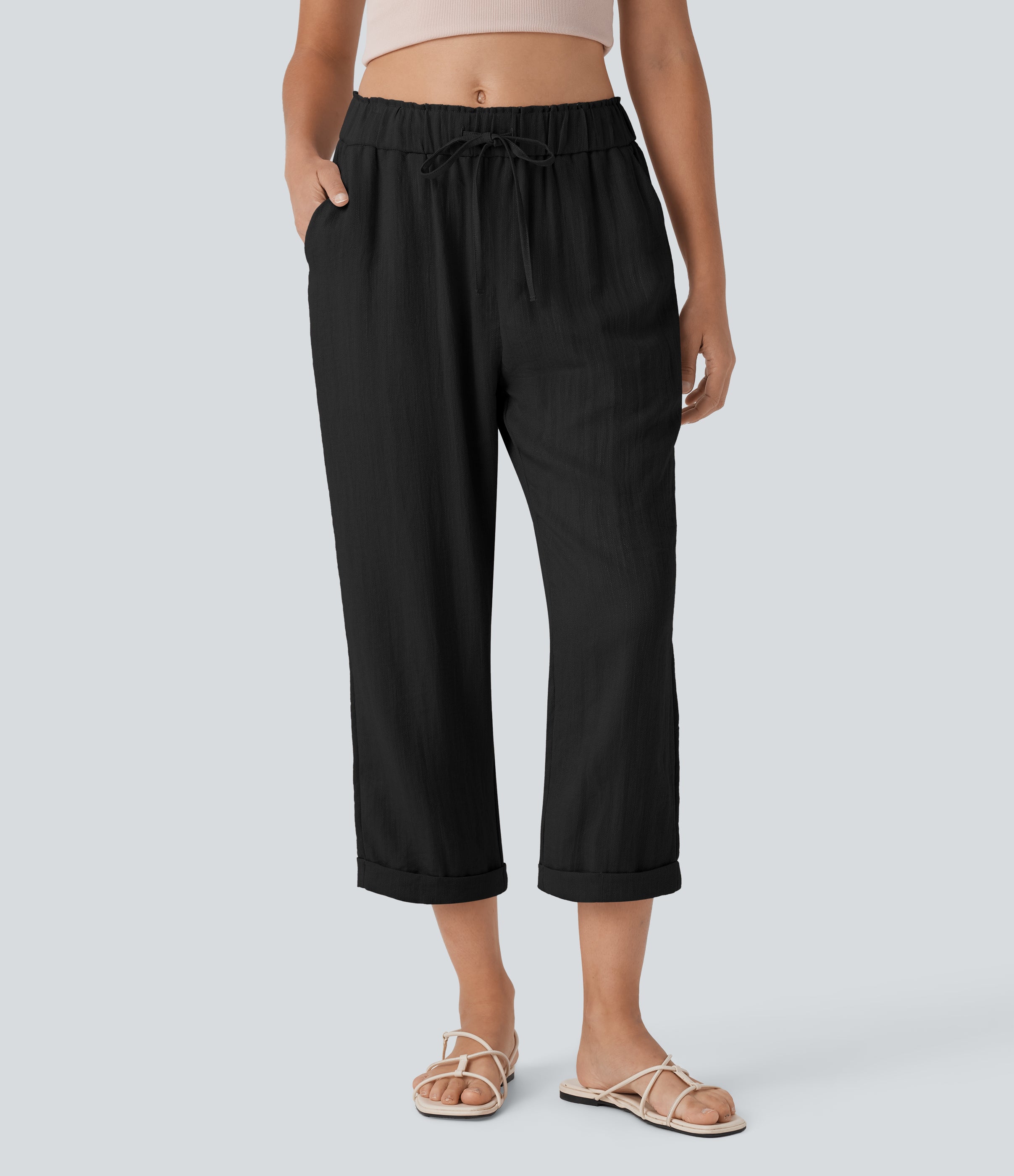 Mid Rise Drawstring Casual Tapered Pants with Pockets