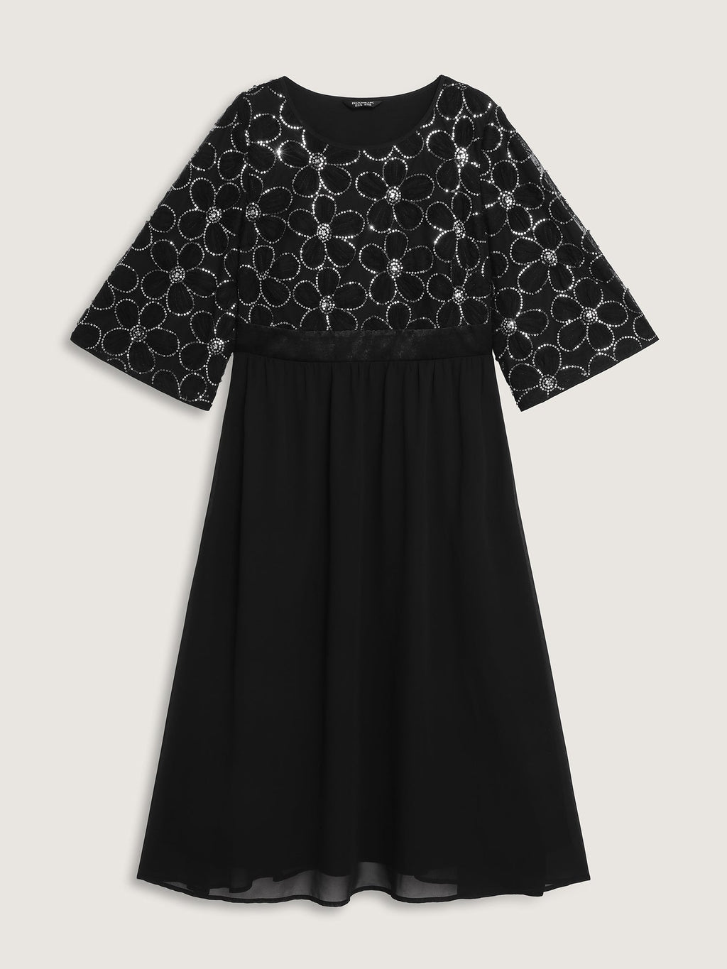Sequin Floral Tulle Shirred Waist Midi Dress