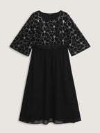 Sequin Floral Tulle Shirred Waist Midi Dress