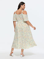 Ditsy Floral Pocket Wrap Cold Shoulder Ruffle Dress