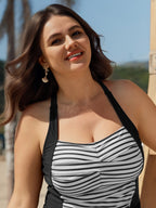 Striped Twist Front Tummy-Control Swim Top