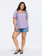 Eyelet Trim Floral Embroidered Solid T-Shirt