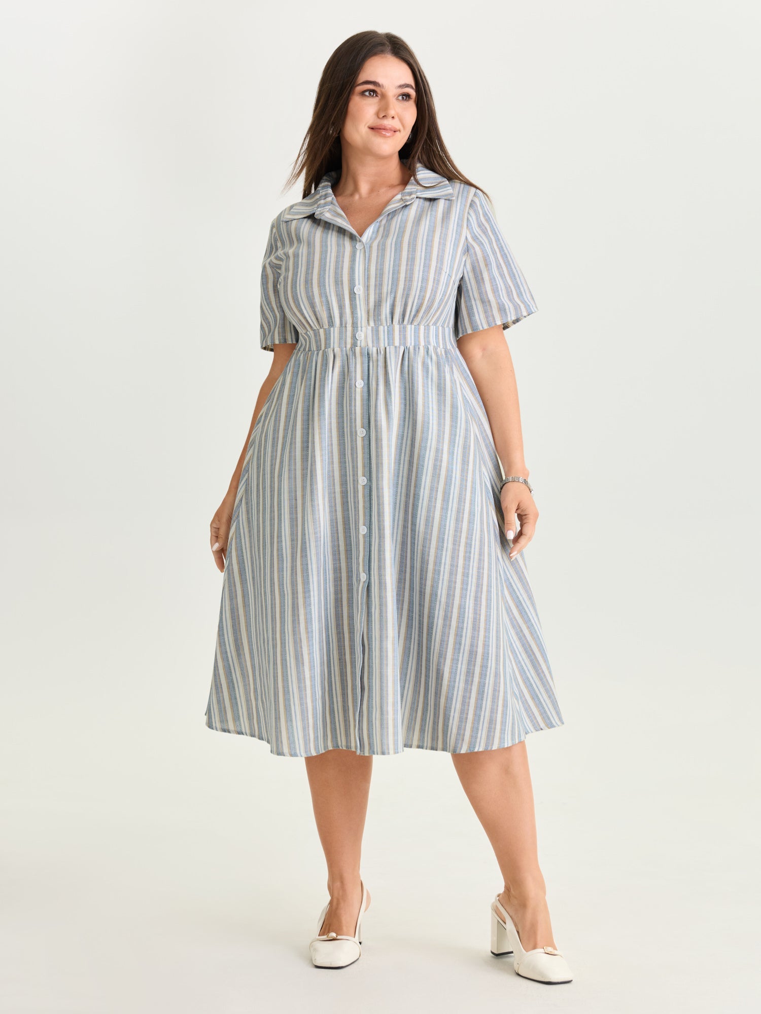 Cotton Linen Blend Striped Print Midi Dress