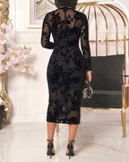 Women's Flocked Floral Mesh Dress Set Mock Neck Long Sleeve Bodycon Dress Sheer Lace Party Midi Dress with Camisole Slip Dress