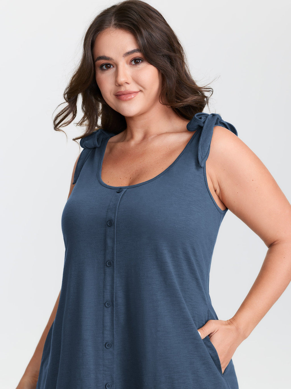 Ruffle Hem Tie Shoulder Pockets Sleeveless Dress