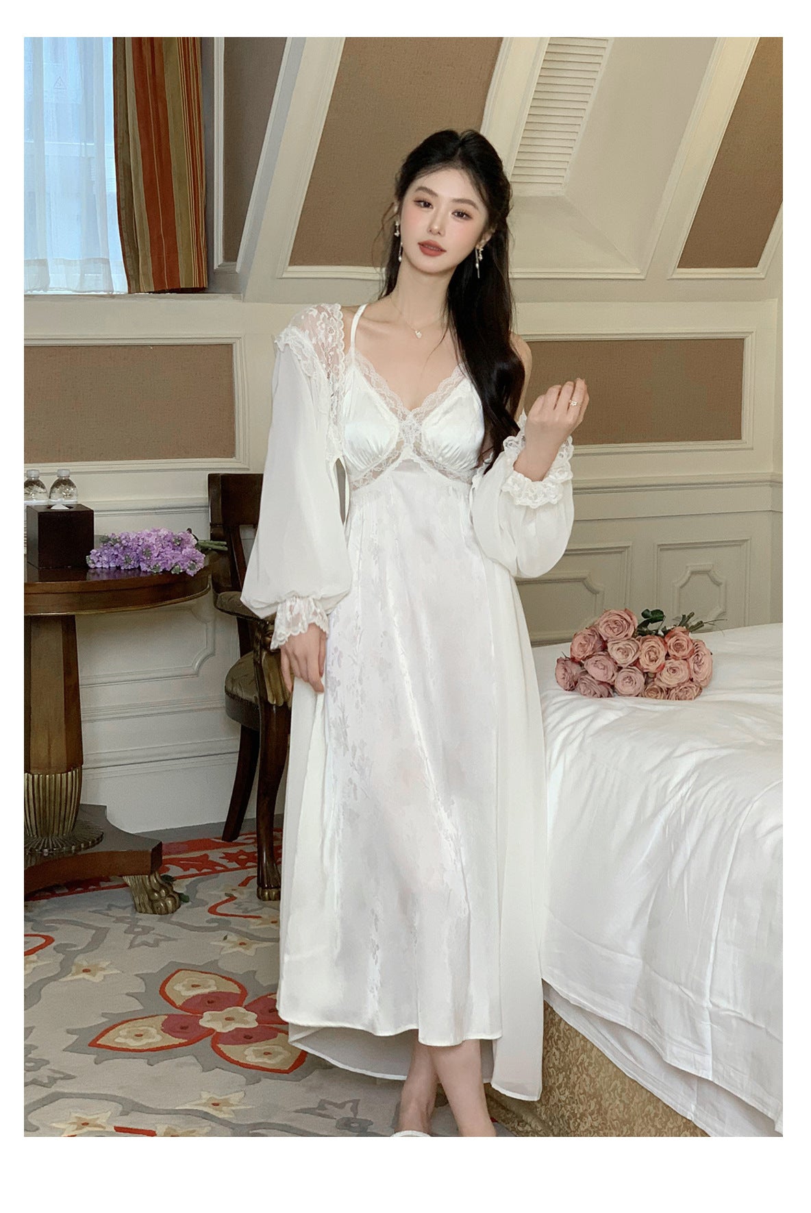Romantic Satin Built In Bra Nightgown 2pcs Set