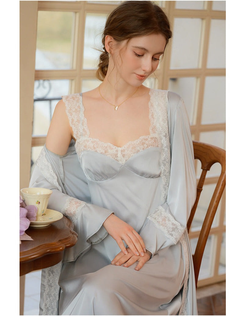 Lace Satin Built In Bra Nightgown 2pcs Set