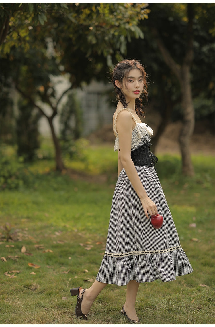 Black Lace Boned Corset + Lace Checkered Slip Dress