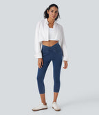 FlexTM Crossover High Waisted Denim Casual Capri Leggings with Pockets