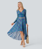 Sheer Mesh High-Waisted High-Low Plaid Maxi Flowy Skirt