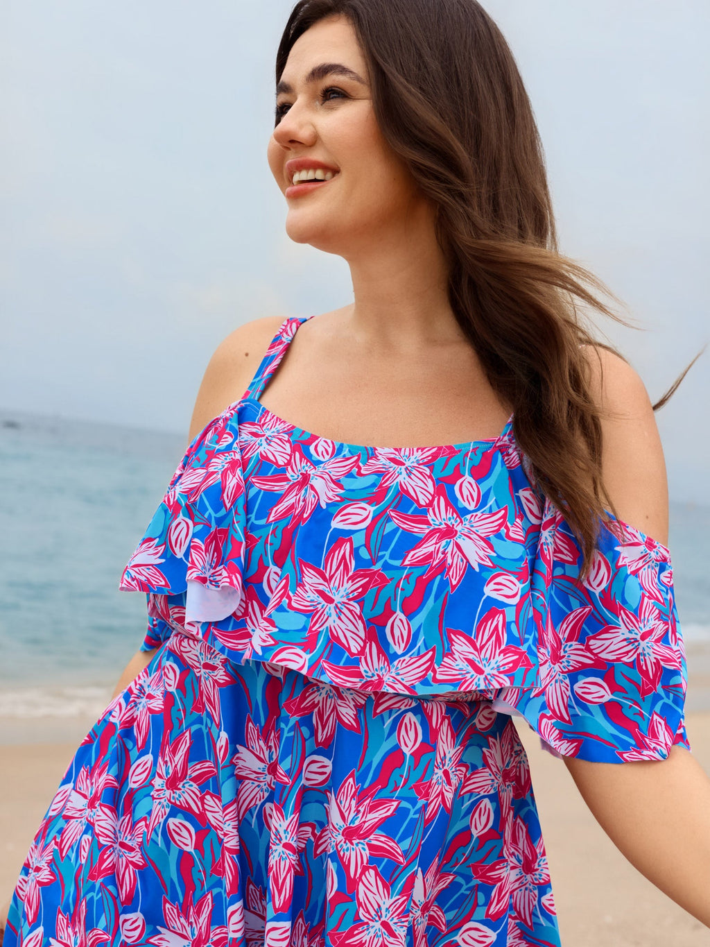 Floral Ruffle Trim Off Shoulder Pockets Swim Dress