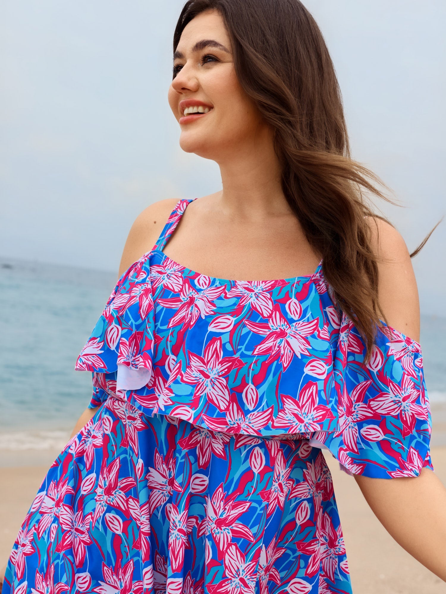 Floral Ruffle Trim Off Shoulder Pockets Swim Dress