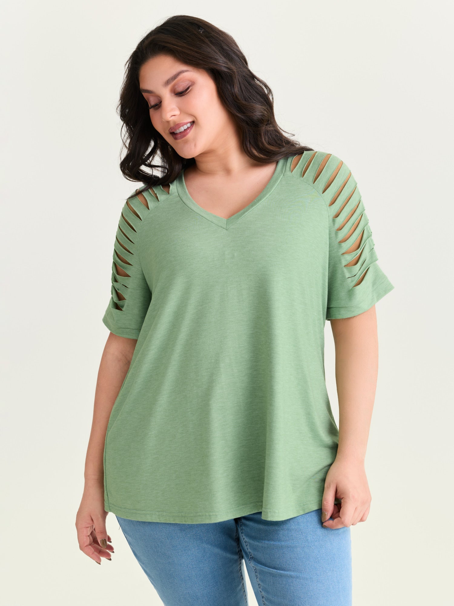 Cut-Out Sleeve V Neck T-Shirt