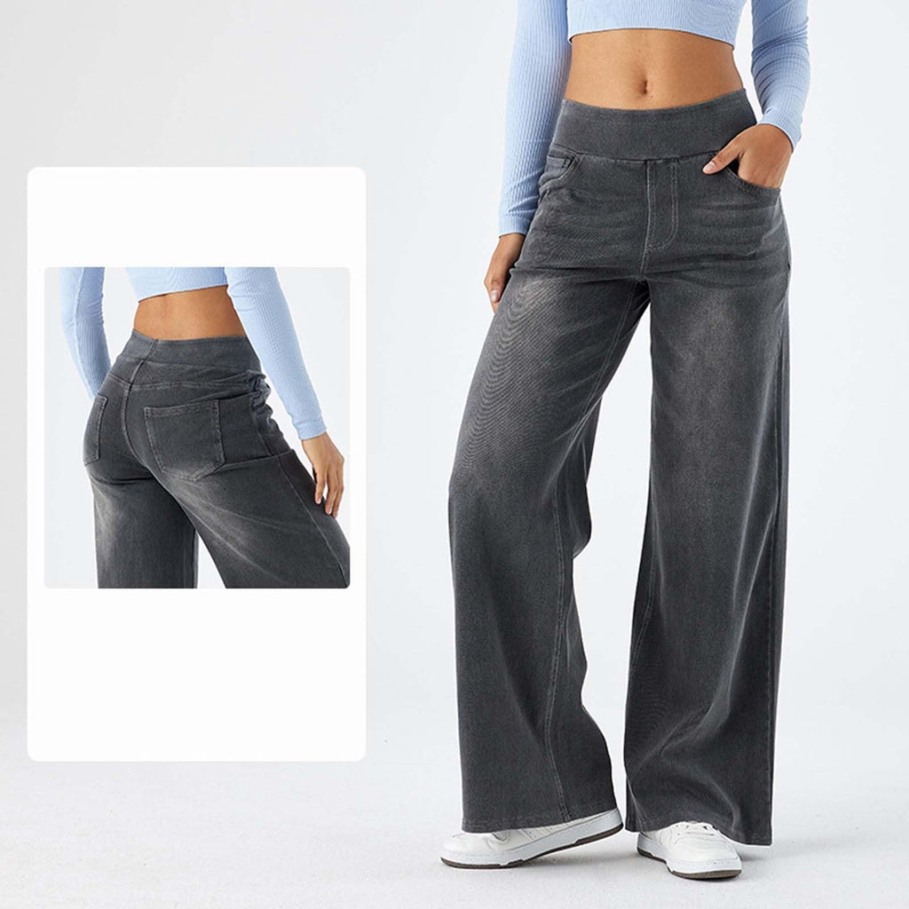 2026🔥 FlexTM High Waisted Multiple Pockets Baggy Wide Leg Washed Stretchy Knit Casual Jeans