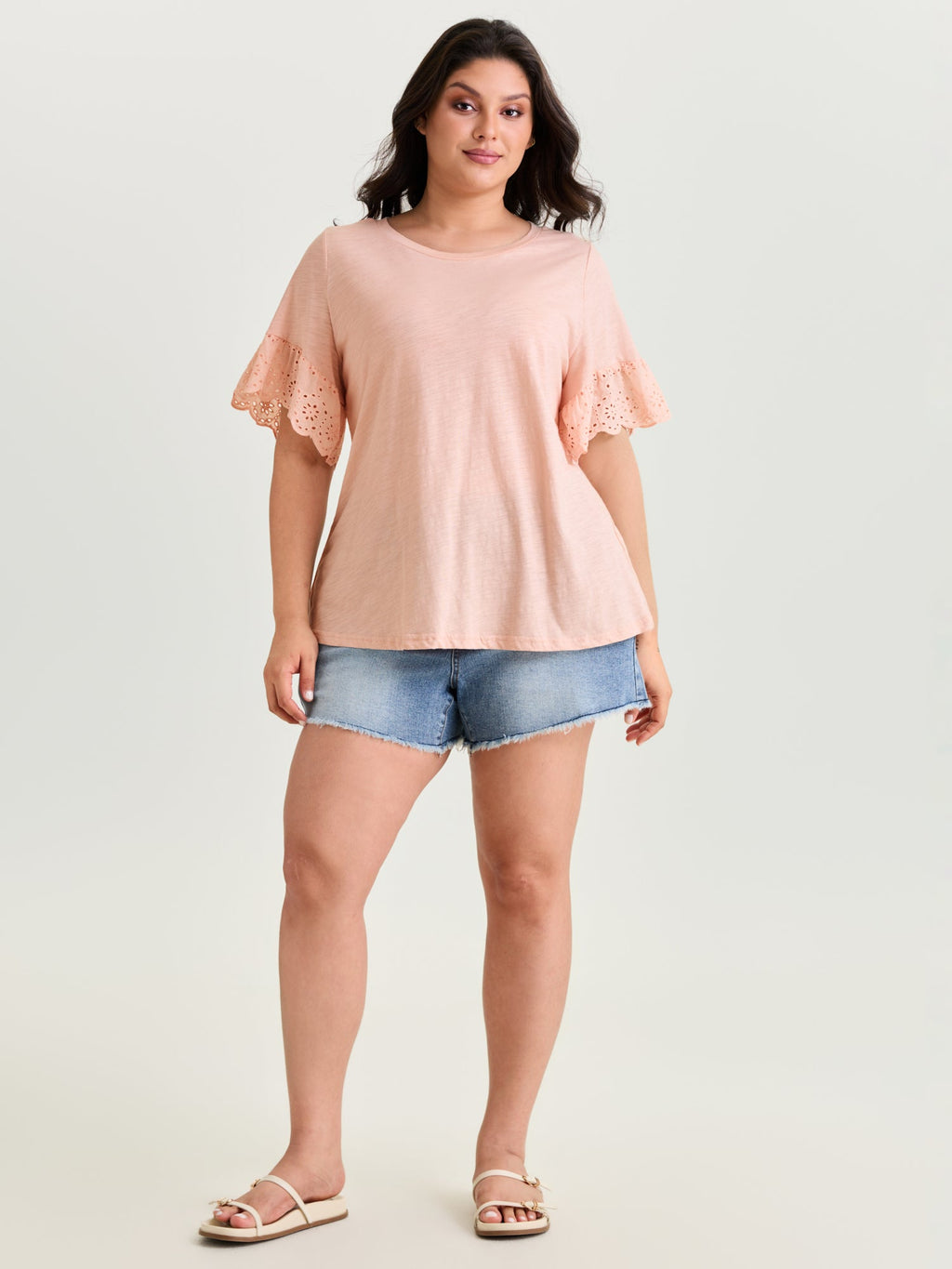 Cotton Lace Sleeve Relaxed-Fit T-Shirt