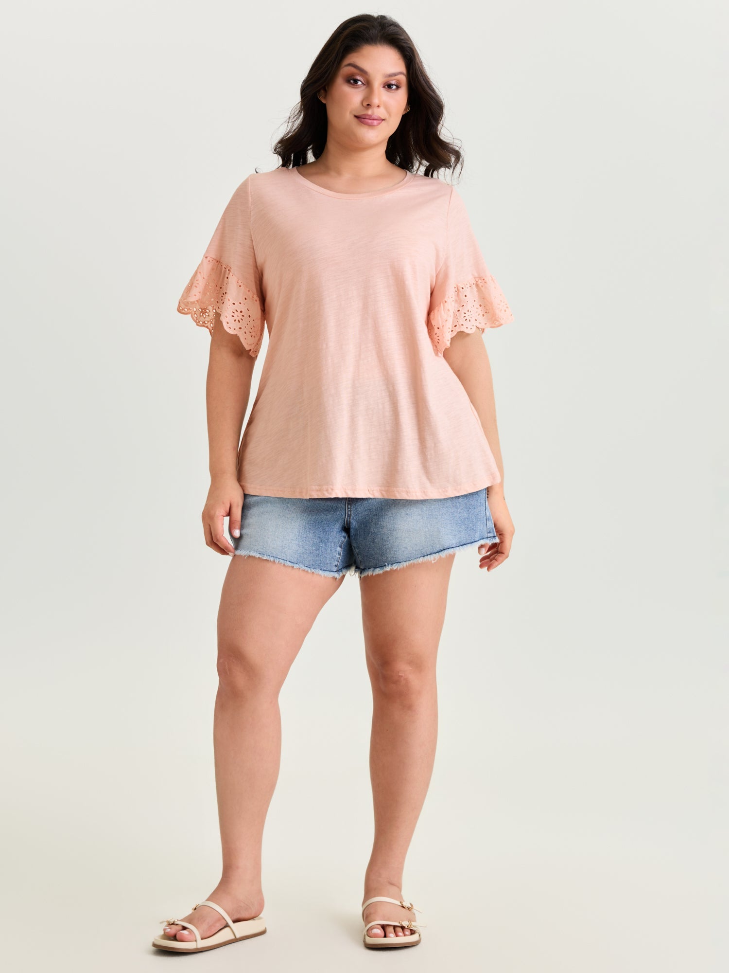 Cotton Lace Sleeve Relaxed-Fit T-Shirt