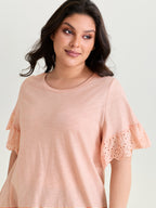 Cotton Lace Sleeve Relaxed-Fit T-Shirt