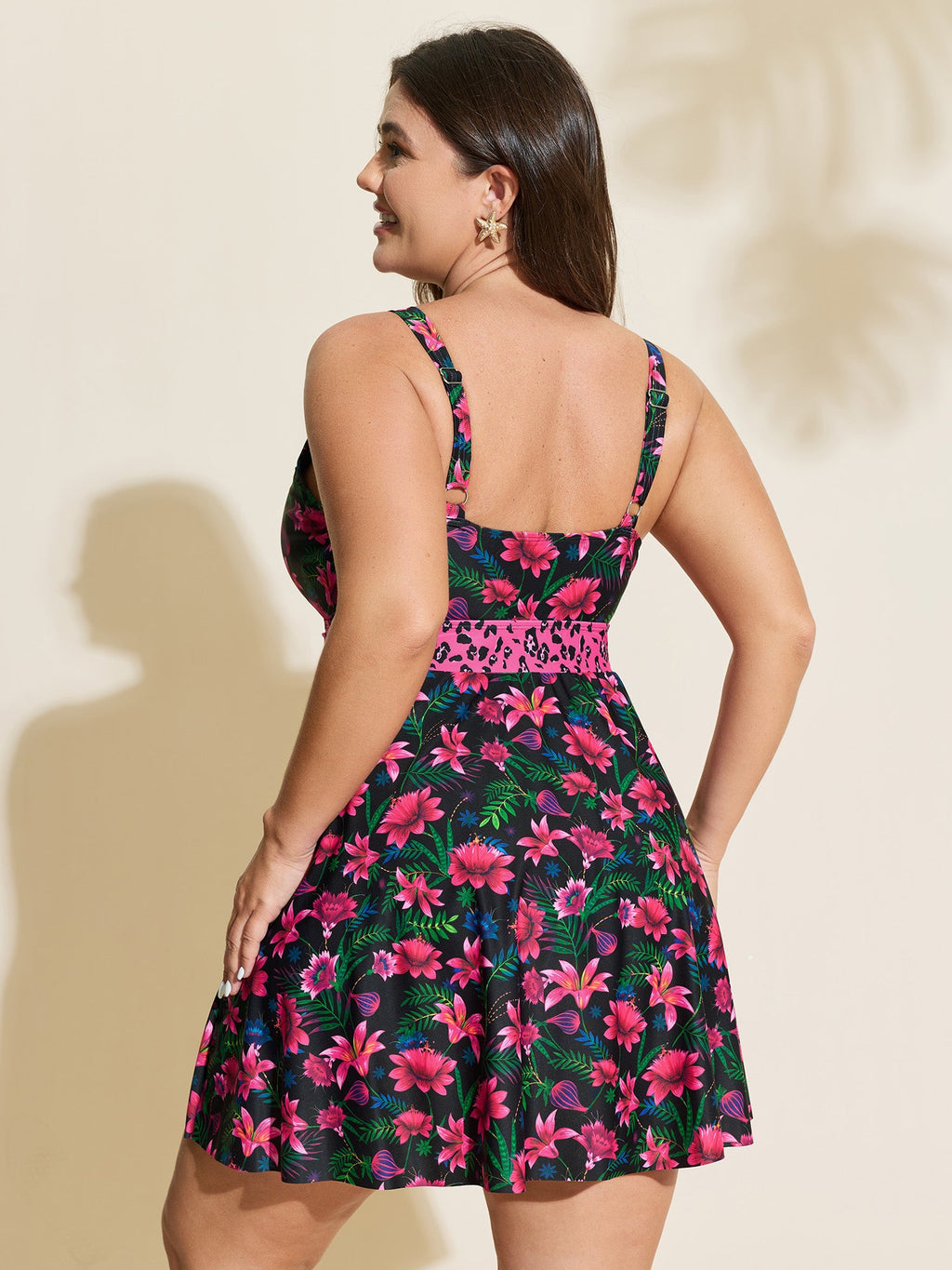 Tropical Floral Print Pockets Swim Dress