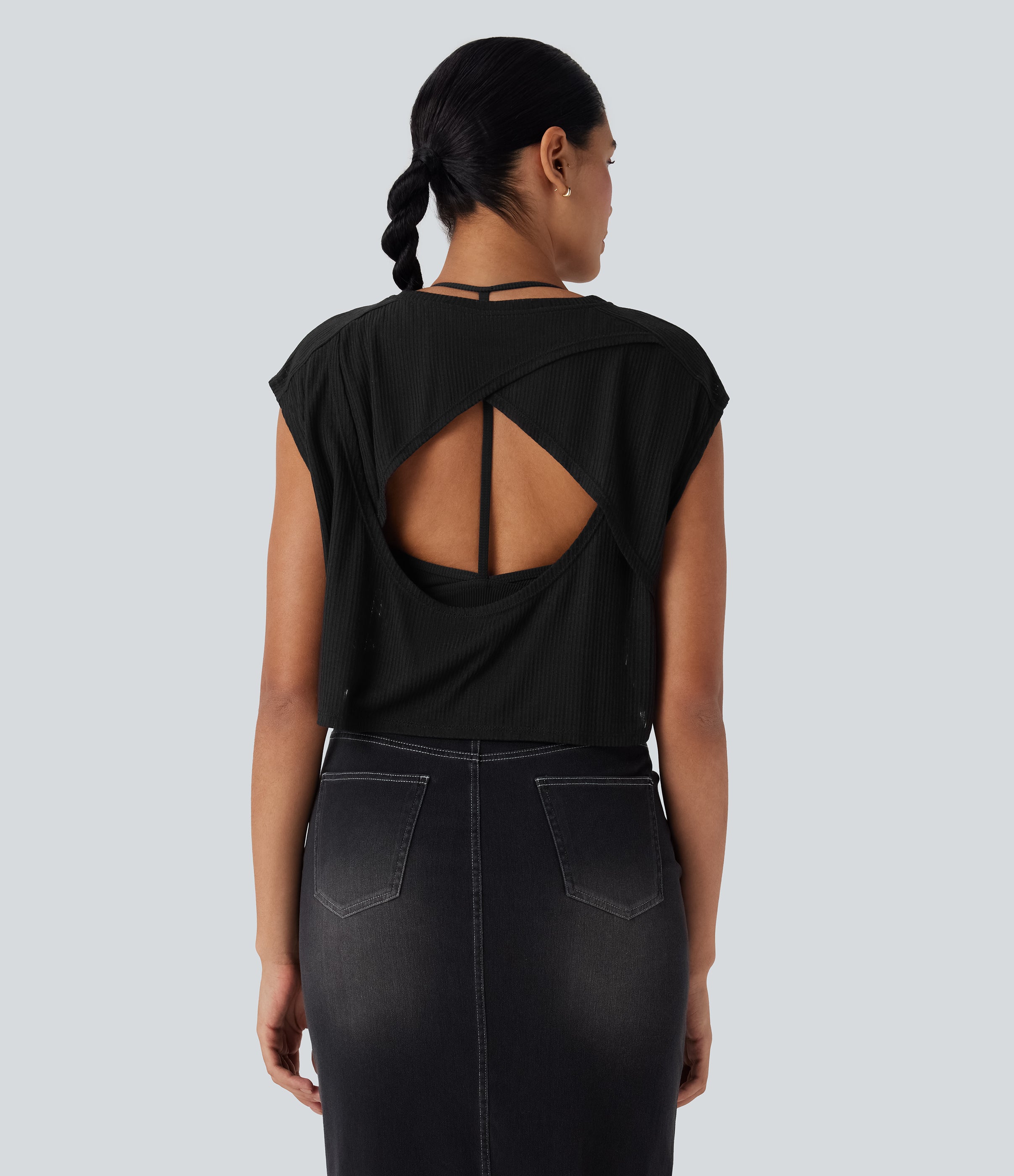 Round Neck Cap Sleeve Cut Out Casual Top
