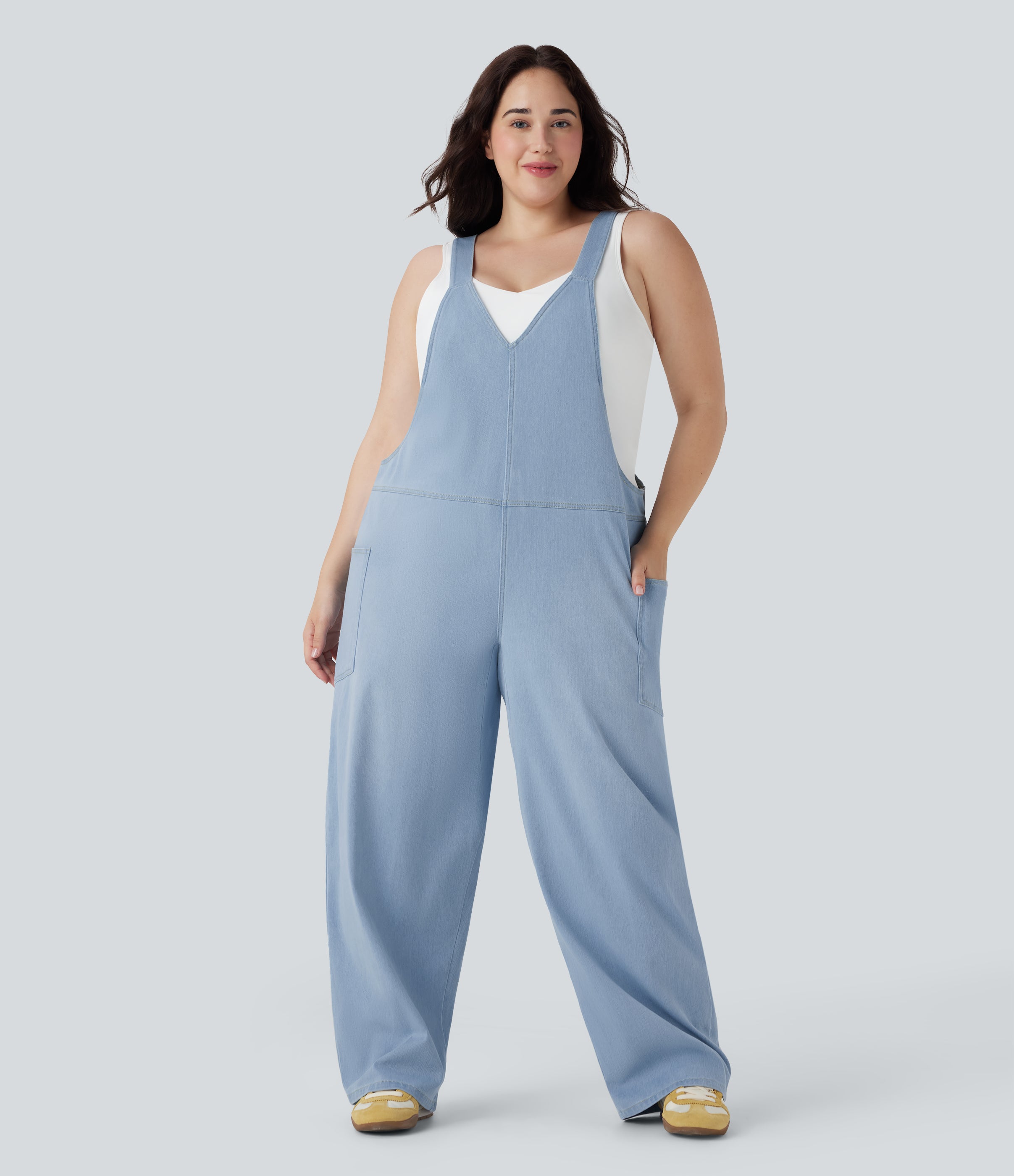 FlexTM V Neck Washed Denim Casual Plus Size Overalls with Pockets