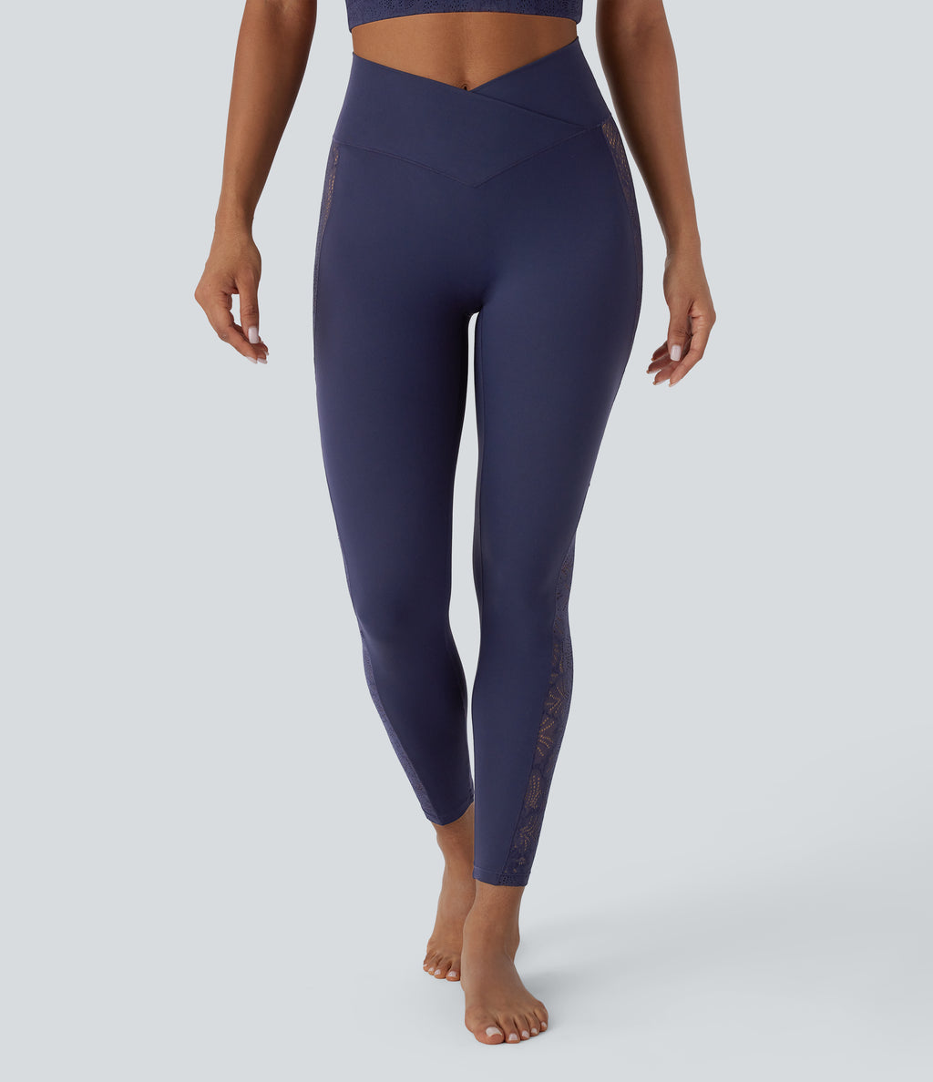 SoftlyZeroTM High Waisted Crossover Contrast Lace Built-in Underwear Yoga Leggings with Pocket-UPF50+