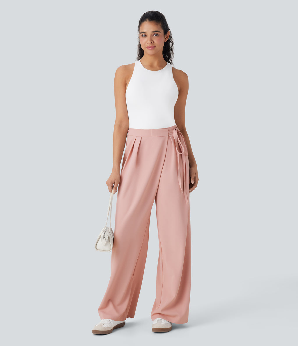 High Waisted Tie Side Wide Leg Work Pants with Pockets