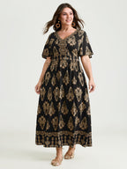 Paisley Print Pockets Shirred Waist Maxi Dress