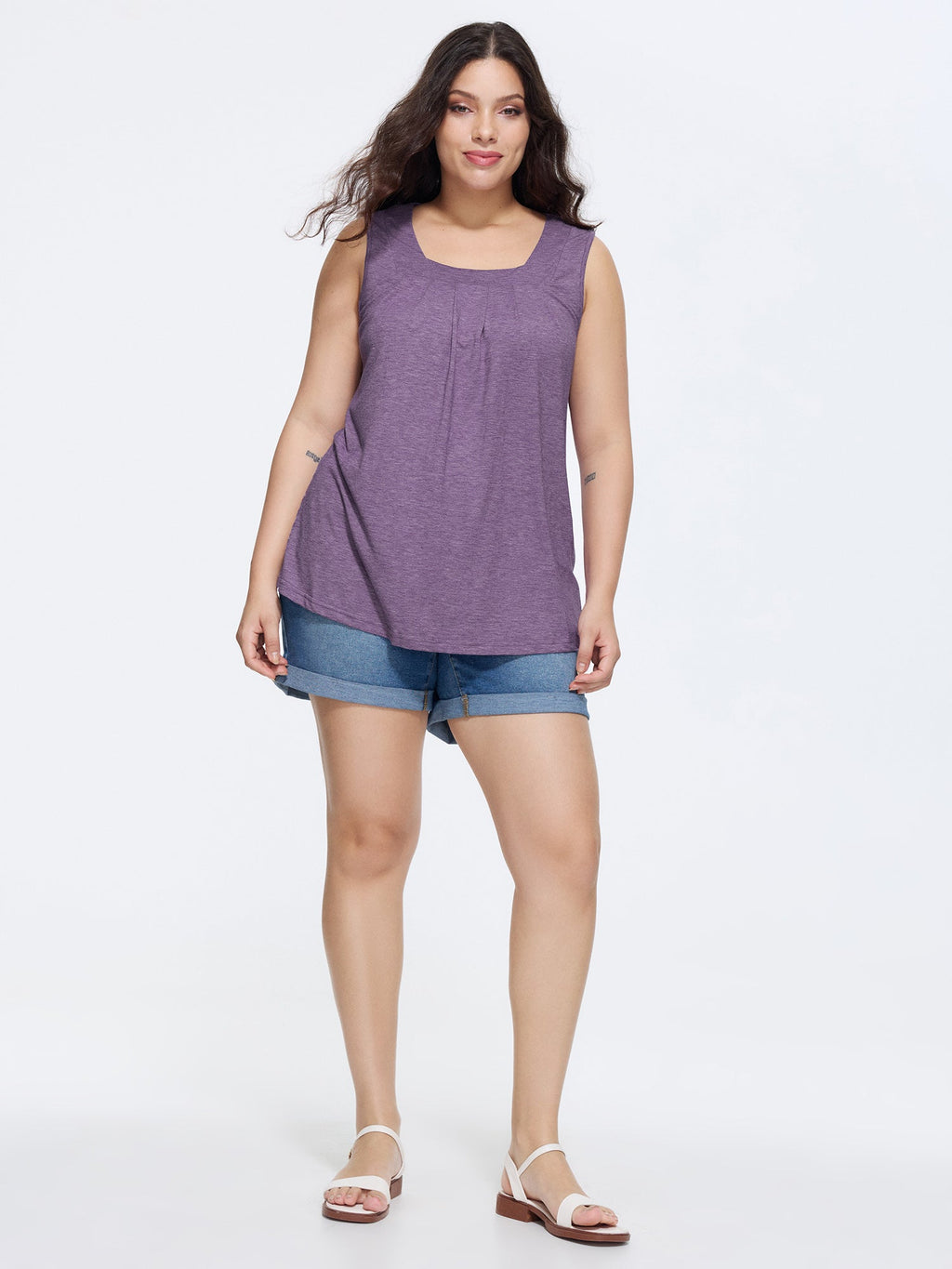 Heather Plicated Detail Square Neck Tank Top