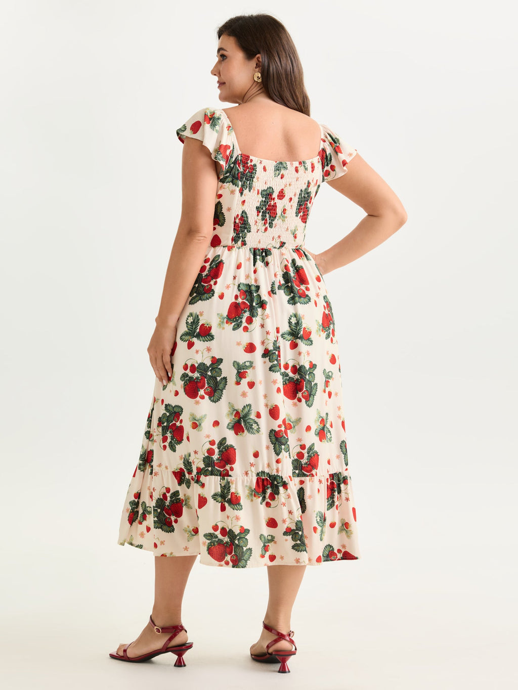 Strawberry Print Ruched Adjustable Bodice Midi Dress