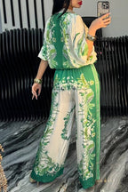 Women's Satin Zipper Printed Casual Suit