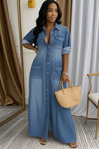 Ladies' Lapel Wash Water Splicing Pocket Casual Dress