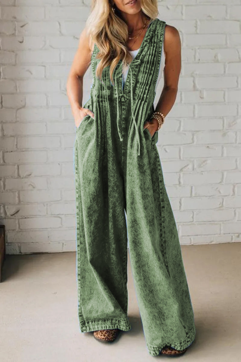 Ladies' Shoulder Strap Hollow Splicing Pleated Casual Jumpsuit