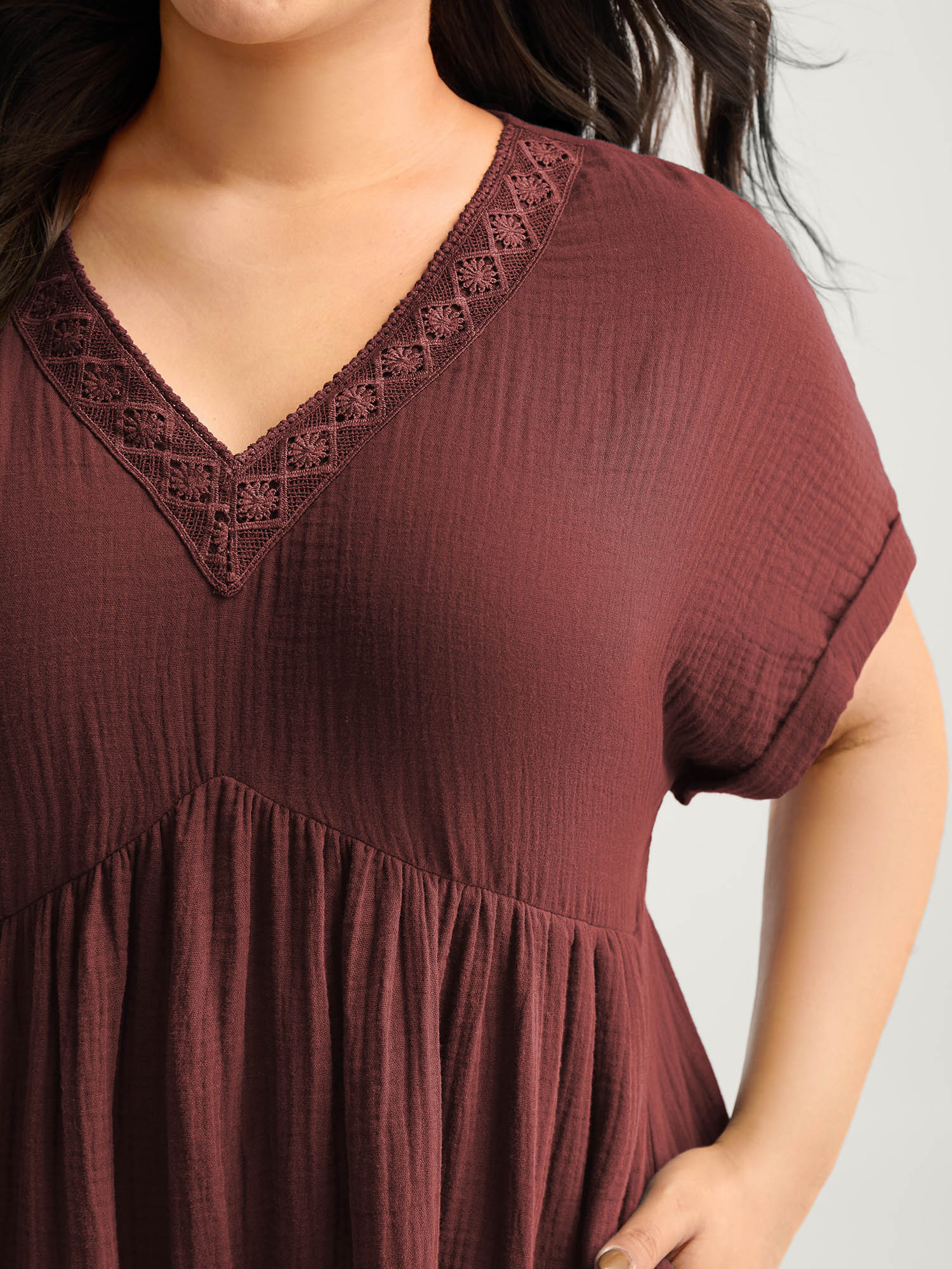 Pure Cotton Lace V-Neck Solid Mini Dress