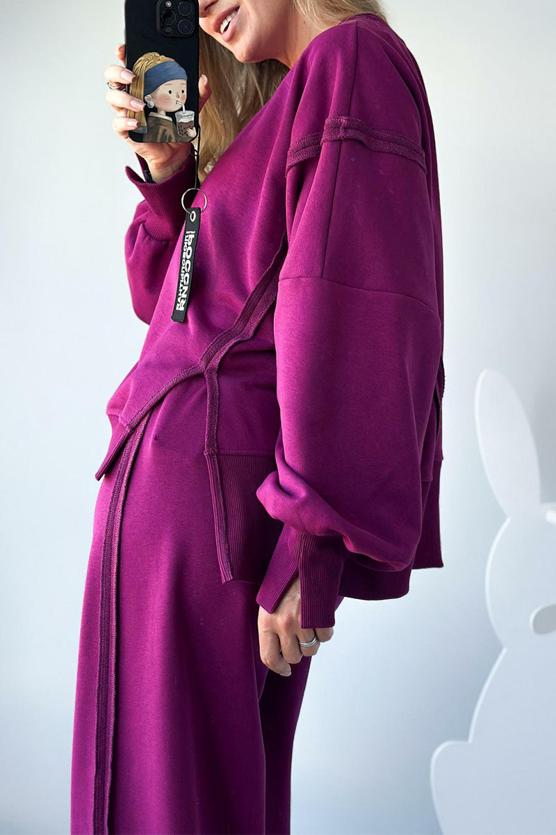 Women Round Neck Spliced Sweatshirt + Drawstring Pants Casual Set