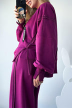 Women Round Neck Spliced Sweatshirt + Drawstring Pants Casual Set