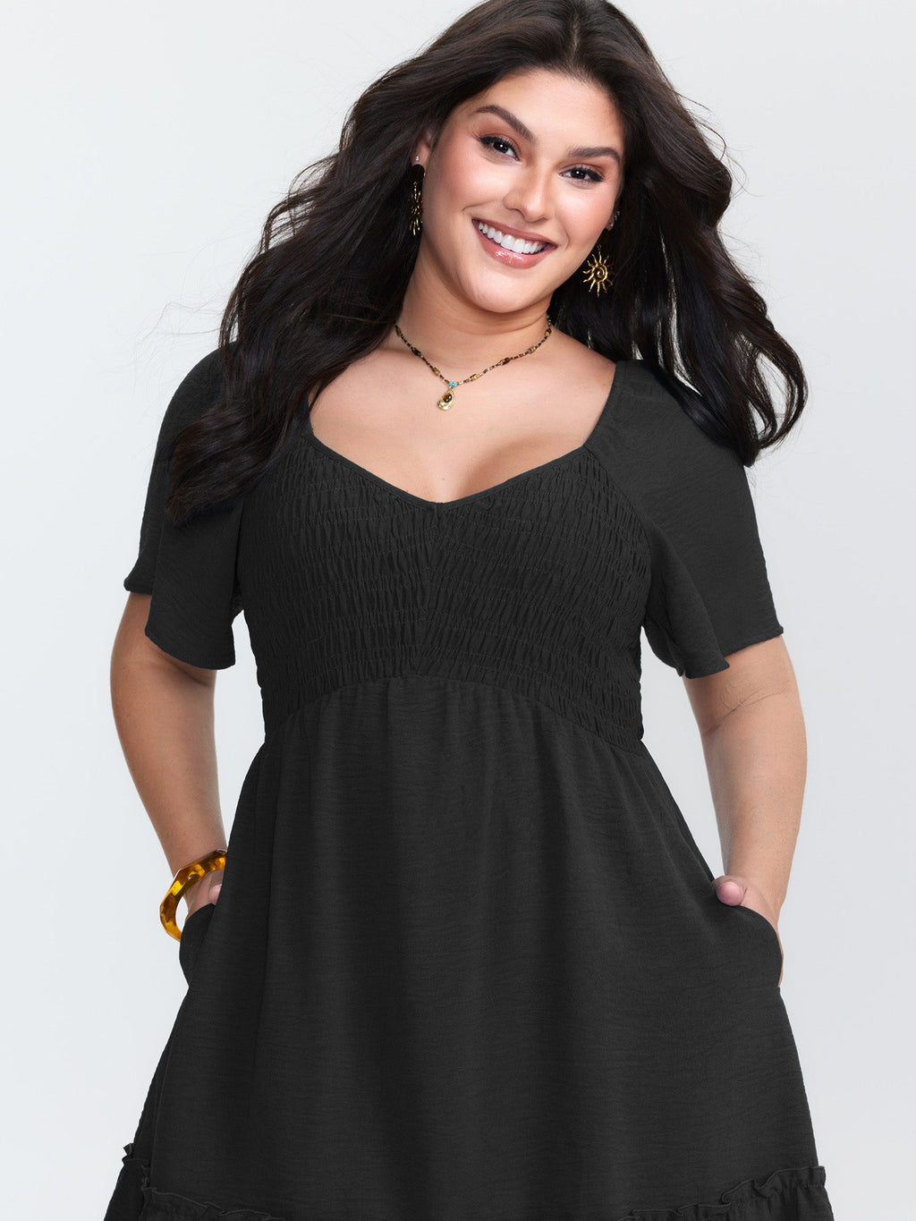 Shirred Bodice Ruffle Hem Flowy Mini Dress